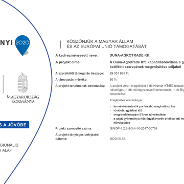 A Duna-Agrotrade Kft. kapacitásbővítése a gazdaságban betöltött szerepének megerősítése céljából